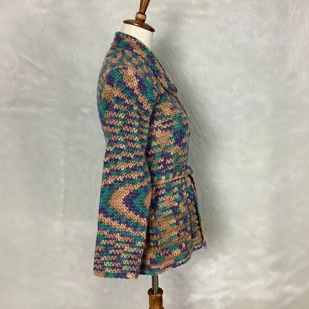 Vintage 70s Tan, Green Blue & Purple Belted Crochet Cardigan Sweater S - Picture 6 of 6